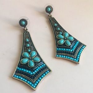 Teal Bead and Brass Earrings